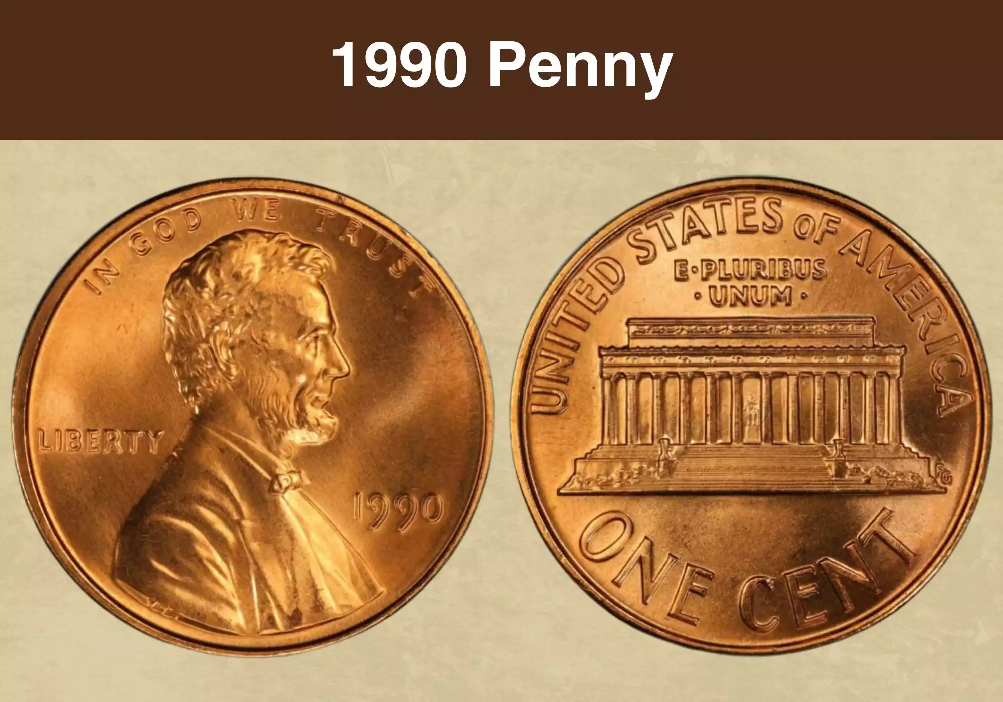 1990 Lincoln Memorial penny obverse showing Abraham Lincoln portrait, date, and mint mark area