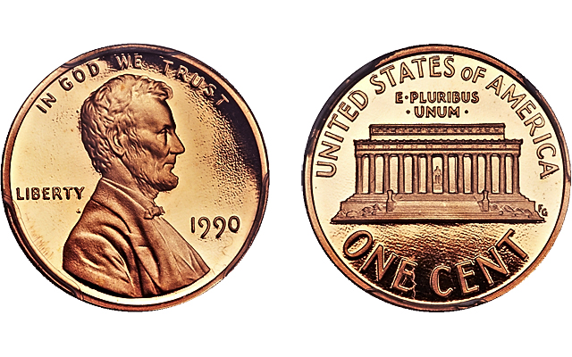 Side-by-side comparison of a regular 1990 Philadelphia cent versus the rare 1990 No S Proof penny showing the dramatic difference in surface finish