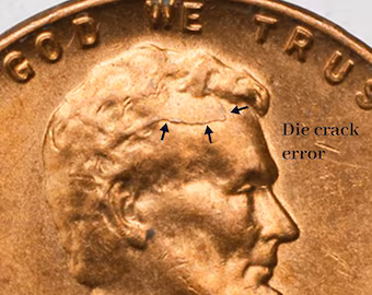 Close-up of a 1990 Lincoln penny showing a BIE die crack error between the B and E in LIBERTY creating an I-like raised line on the coin surface