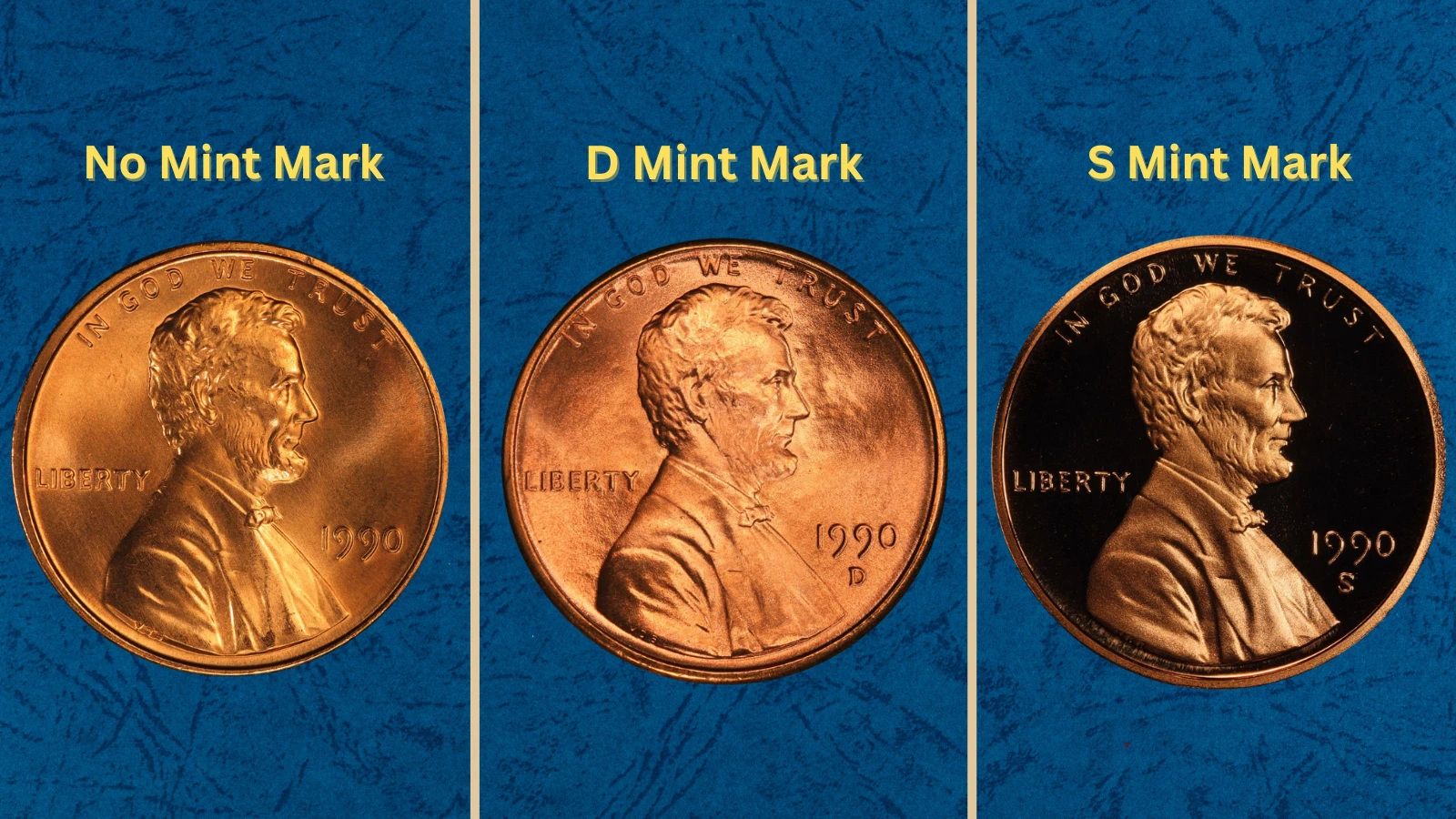 Group of 1990 Lincoln Memorial pennies showing various grades from worn circulated to gem uncirculated examples