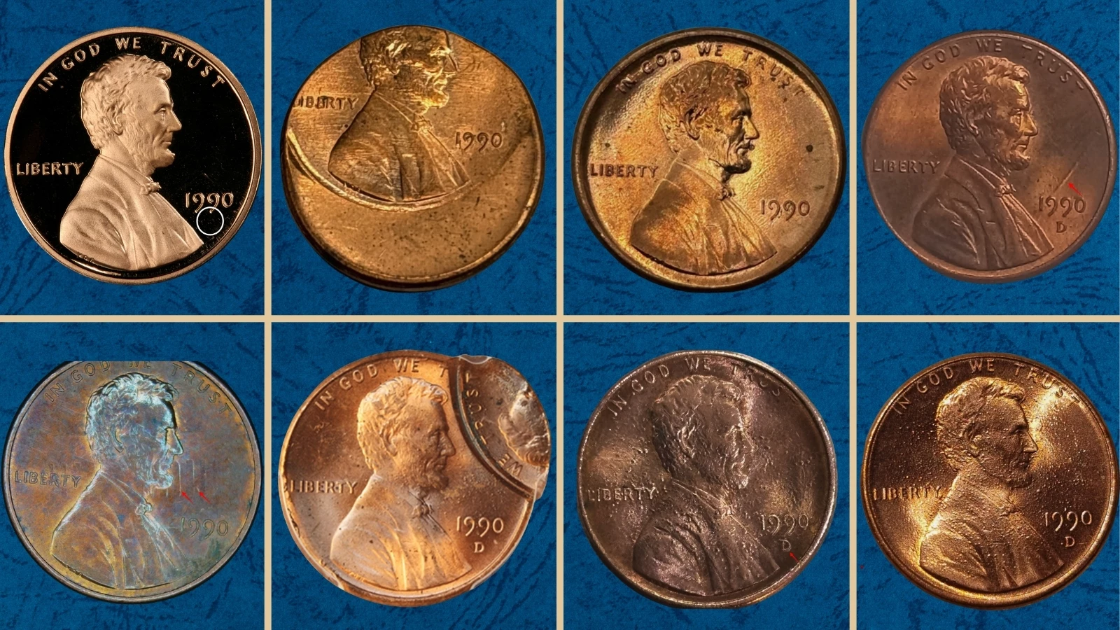 Grading strip showing four 1990 Lincoln pennies in a progression from worn circulated condition through gem uncirculated MS-67 Red